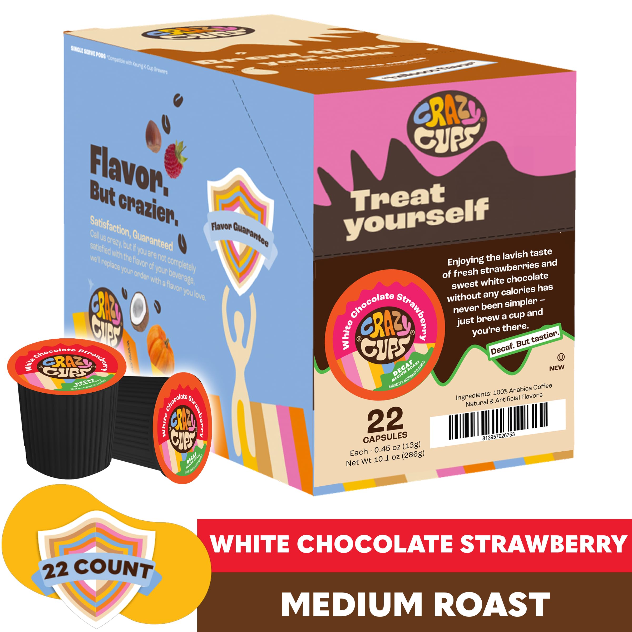 Crazy Cups Aromatisierter Einzelportionskaffee für Keurig K-Cups Maschinen, entkoffeinierte weiße Schokolade Erdbeere, 22 Kapseln pro Box