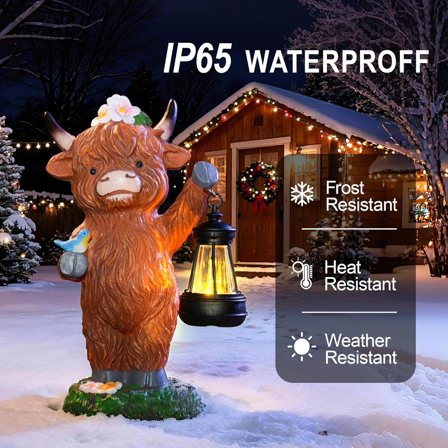Garden Highland Cow Statue Outdoor Decor with Solar Lights Lantern, Highland Cow Figurine Outdoor Decoration for Yard, Patio, Porch, Lawn Ornaments, Unique Birthday Gifts for Mom Women Grandma
