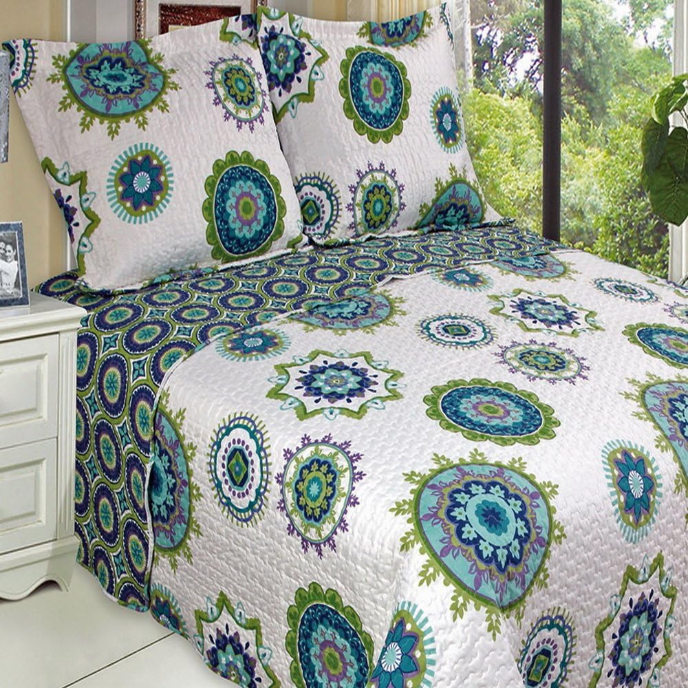 Mandala Quilt Set, Teal Turquoise and Navy Blue Bohemian