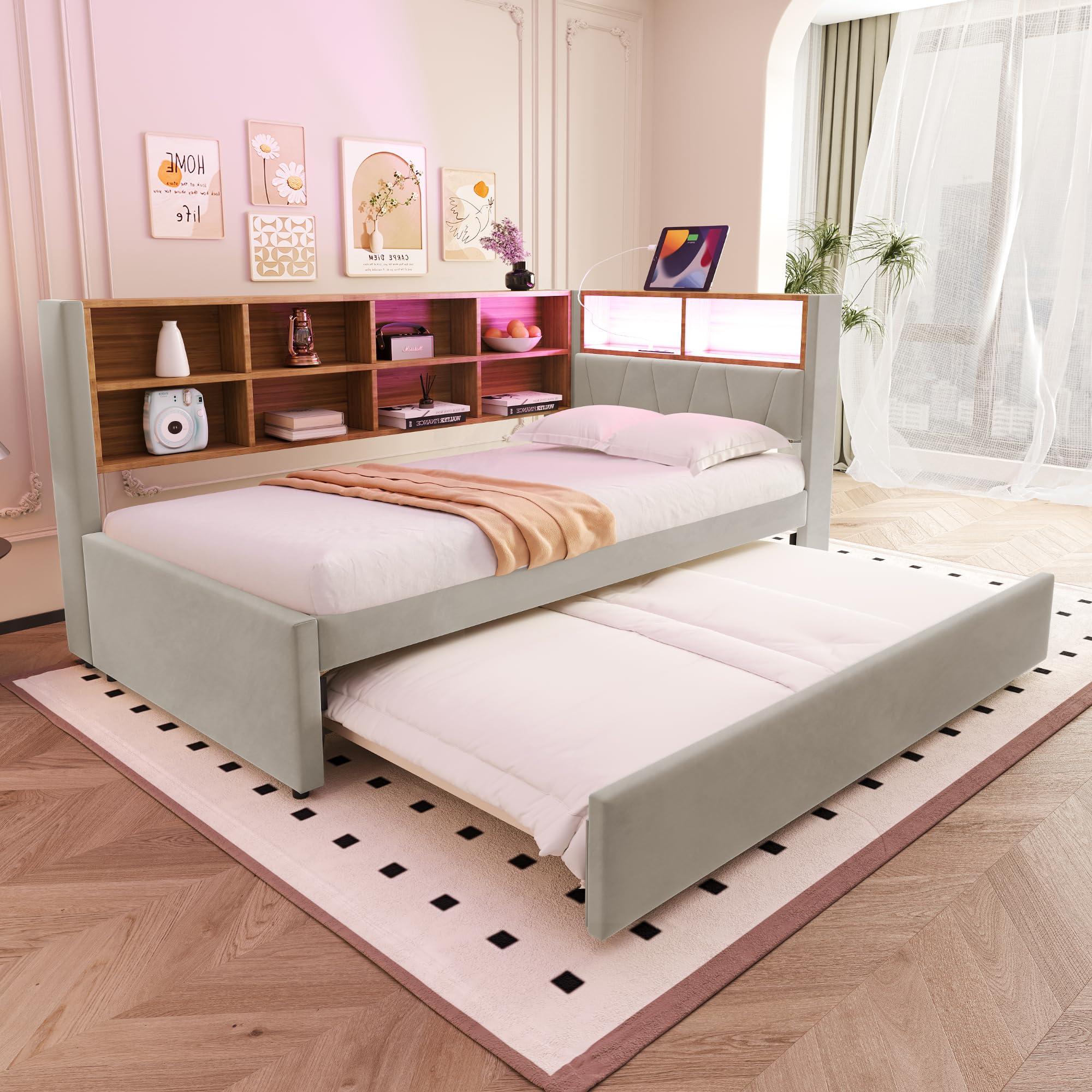 Tagesbett Schlafsofa 90x200 cm, Polsterbett Multifunktionsbett mit Ausziehbarem Bett 90x190 cm&USB-Steckdose&LED Leuchten& Mehreren Ablagefächern, Einzelbett mit Lattenrost, Ohne Matratze, Hellgrau