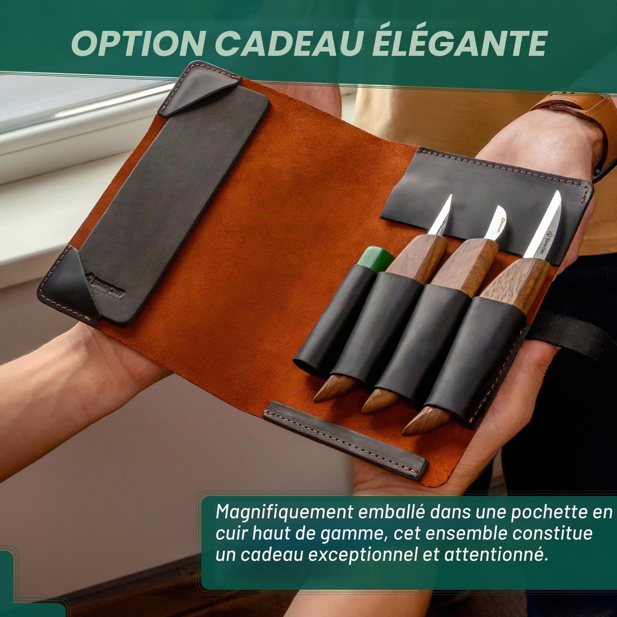 BeaverCraft Deluxe S15X Set de couteaux de sculpture sur bois avec étui en cuir - Kit de sculpture sur bois de qualité supérieure avec affûtage en cuir et pâte à polir