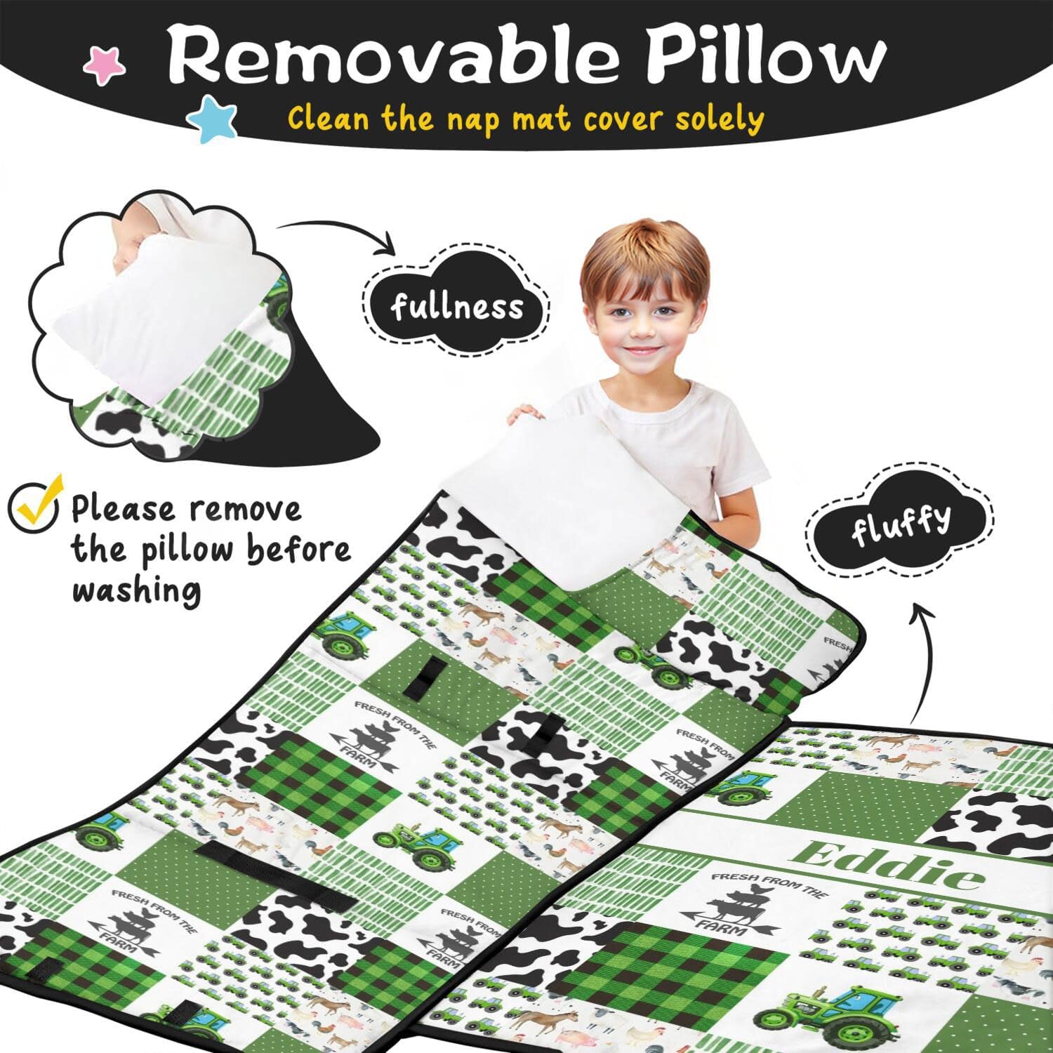Personalized Farm Green Tractor Toddler Nap Mat with Name – Custom Sleeping Bag with Pillow & Blanket for Boys – Ideal Slumber Bags for Daycare, Preschool & Kindergarten