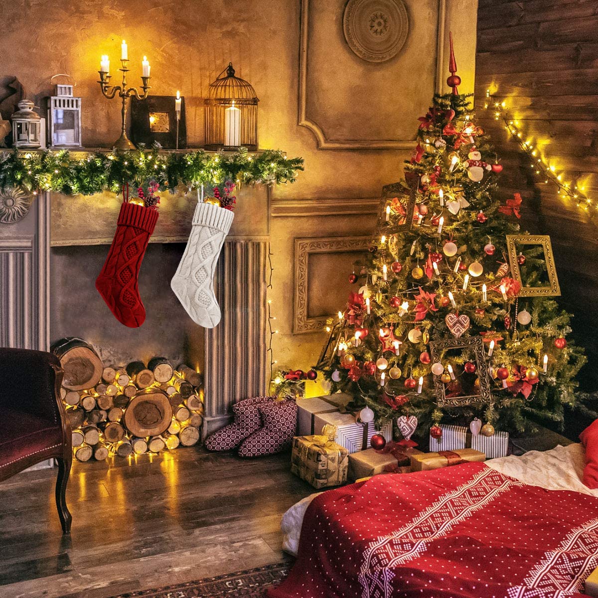 Fesciory Christmas Stockings, 2 Pack 18 Inches Cable Knitted Large Size Stocking Gifts & Decorations for Family Holiday Xmas Party, Ivory White and Burgundy