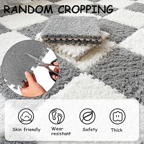 Miniatura 4 de Tapete de espuma de felpa gruesa que se entrelaza, 24 piezas de 12 x 12 pulgadas, tapetes cuadrados esponjosos de espuma con bordes, alfombra de