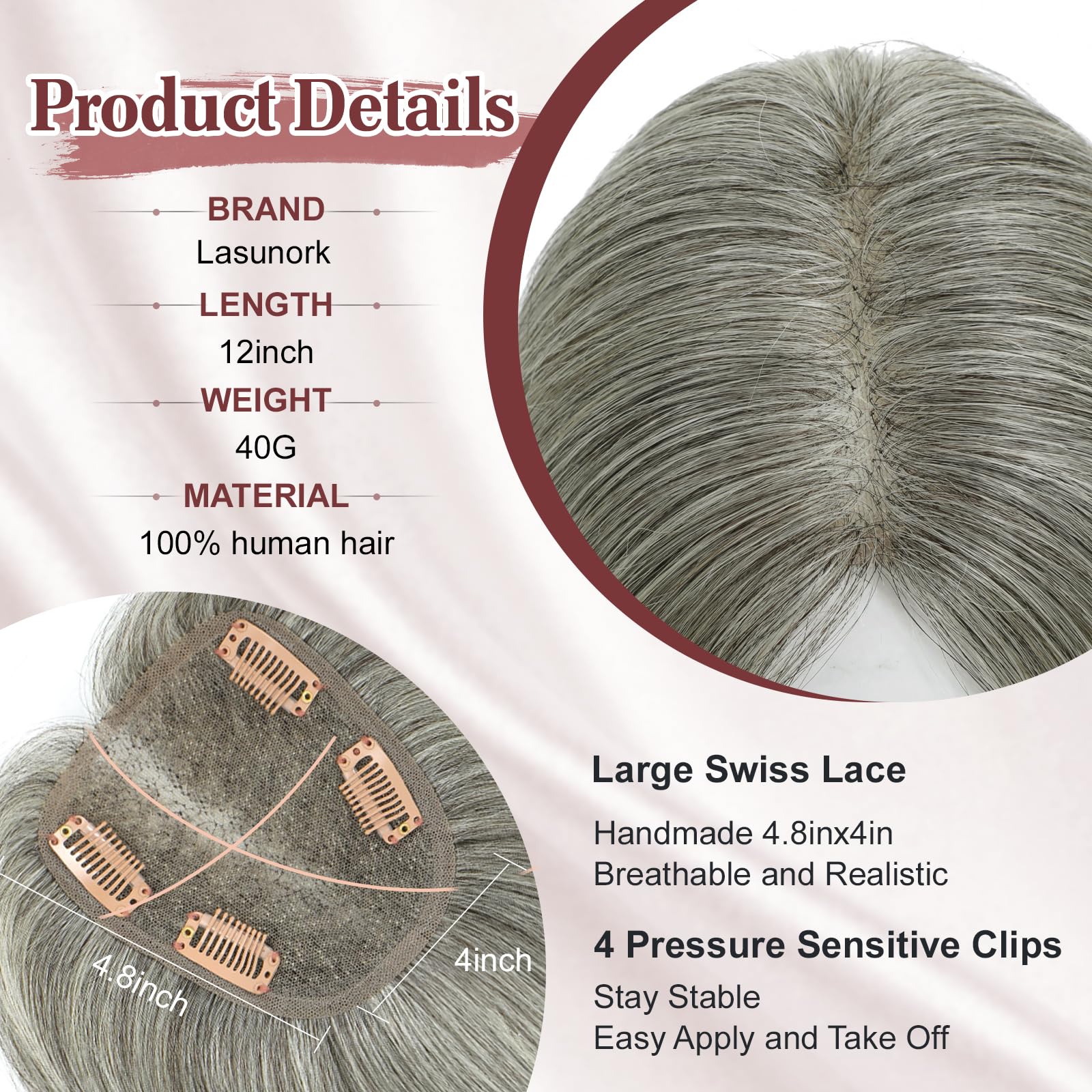 Postiche avec base suisse pour femme - Ajoute plus de volume et couvre la perte de cheveux - 30,5 cm - Gris mélangé