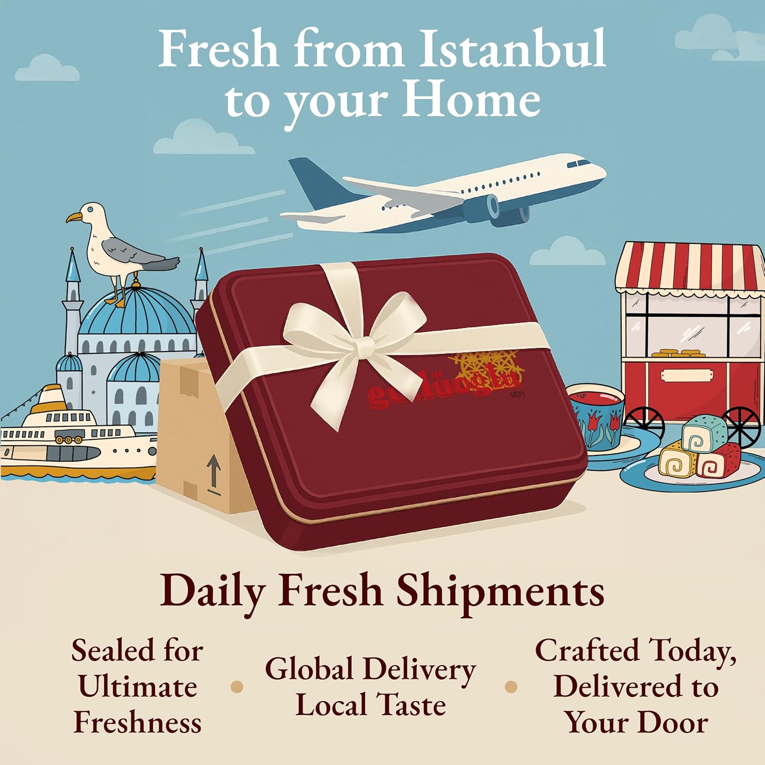 Gulluoglu Assorted Premium Turkish Delight Candy Gift Set, 1.65 lb - 750 gr, Approx. 30-32 pieces, daily fresh shipment from Istanbul/Turkey