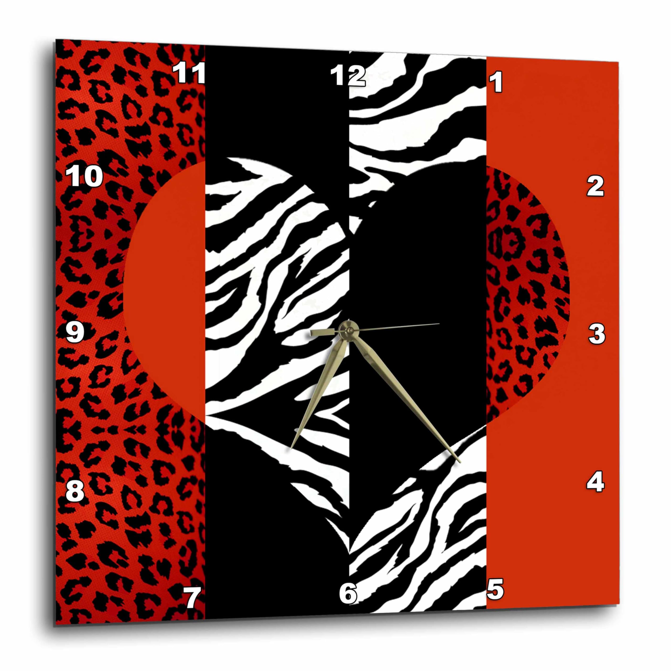 3dRose dpp_35439_3 Red/Black/Orange/White Animal Print Leopard and Zebra Heart Wall Clock, 15 by 15-Inch