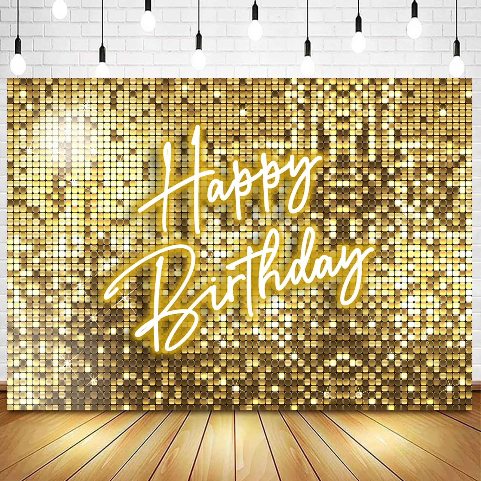 InMemory Shiny Gold Neon Birthday Backdrop Shimmer Golden Flash Square Wall Photography Background for Men Women 16th 18th 20th 21st 30th 40th 50th