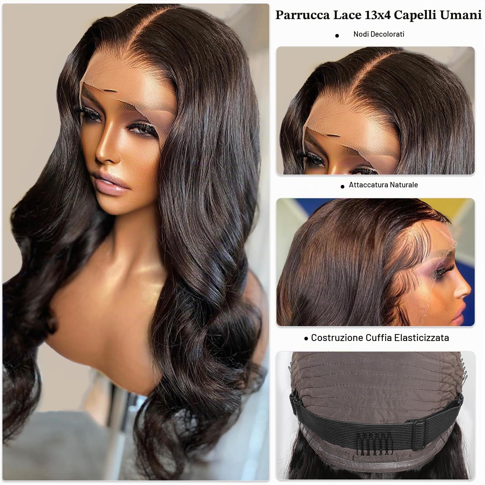 Parrucca Donna Capelli Veri Umani Glueless Human Hair Wigs Densità Del 180% Body Wave 13x4 Lace Front Wig Nera Parrucca Capelli Veri Ondulata 22 Pollici