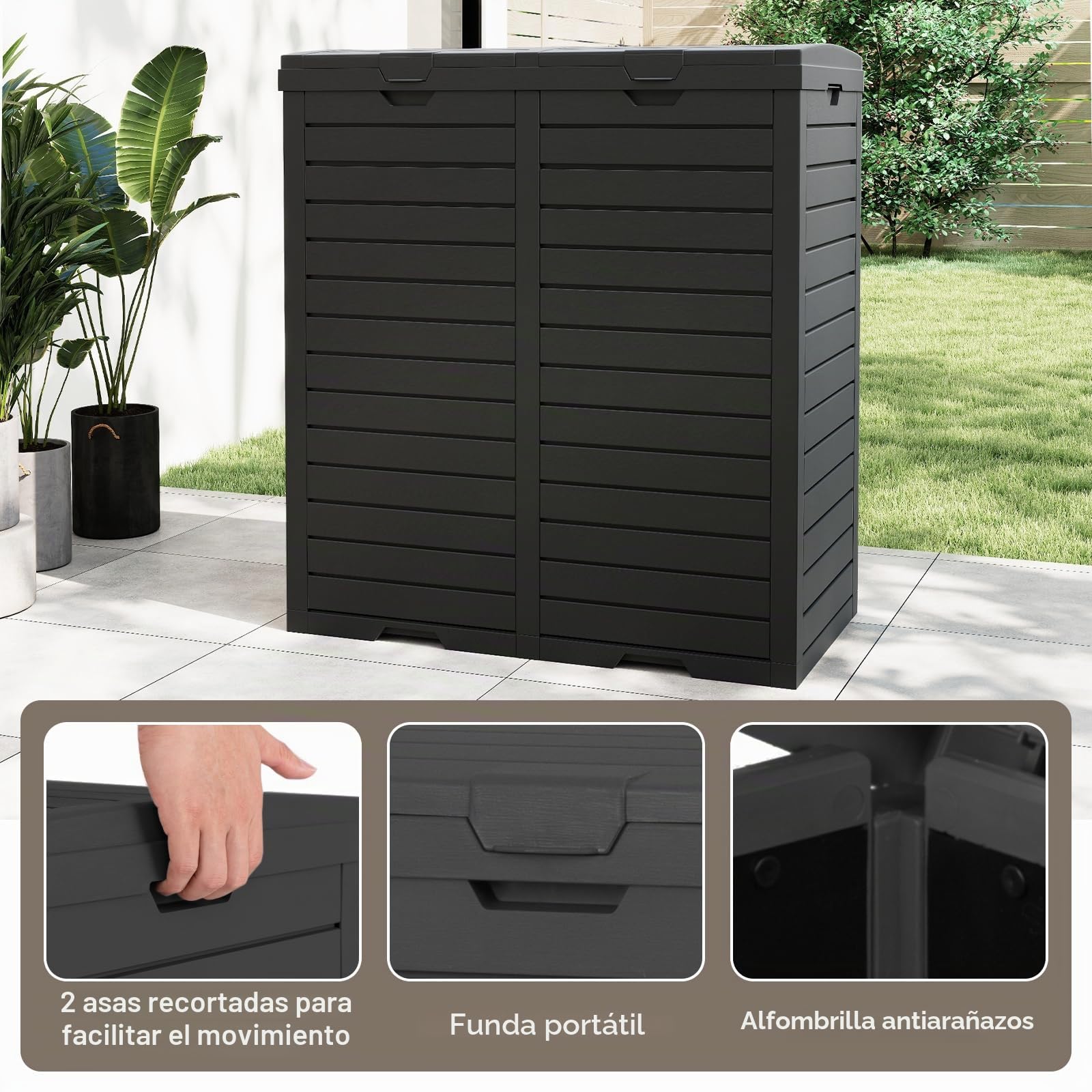 GIANTEX Cubo de Basura Exterior 235 L, Papelera de Reciclaje Grande con 2 Compartimentos y 2 Bandejas Inferiores Extraíbles, 77x40x86cm, Contenedor para Jardín, Balcón, Terraza (Negro)