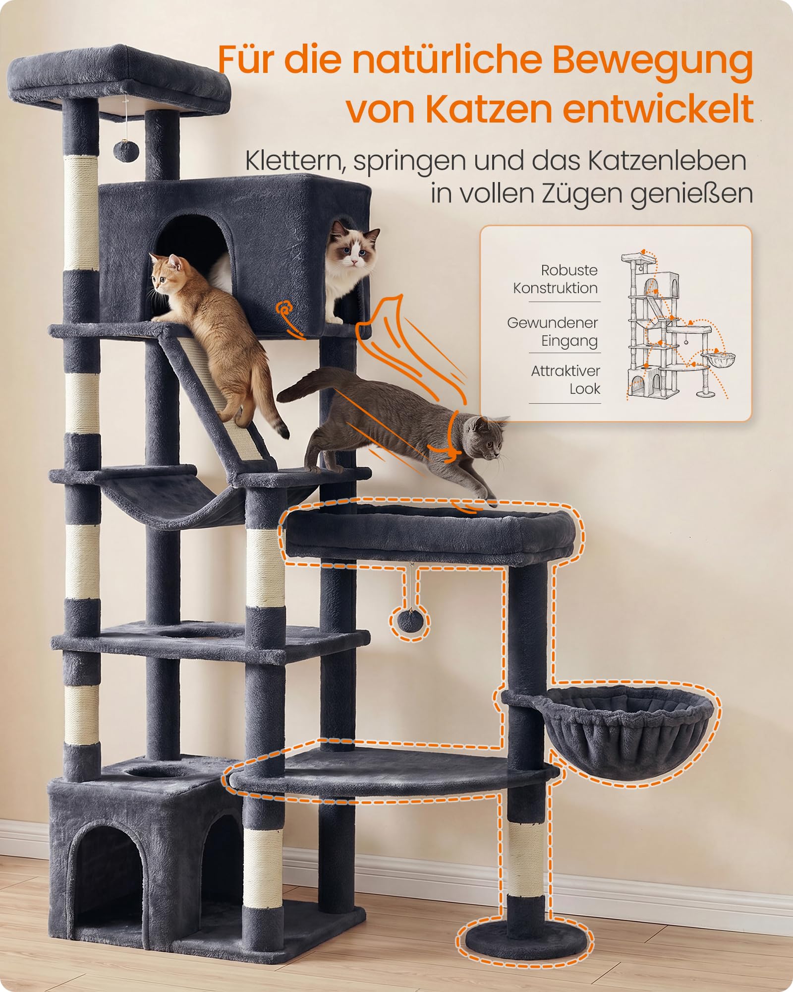 Feandrea Kratzbaum groß, 188 cm hoch, Katzenbaum für Große Katzen, mit 7 Sisalstämmen, 1 Kratzbrett, Doppelhöhle, große Plattform, für Mehrere Katzen, Dunkelgrau, Clawfy Kollektion PCT016G201