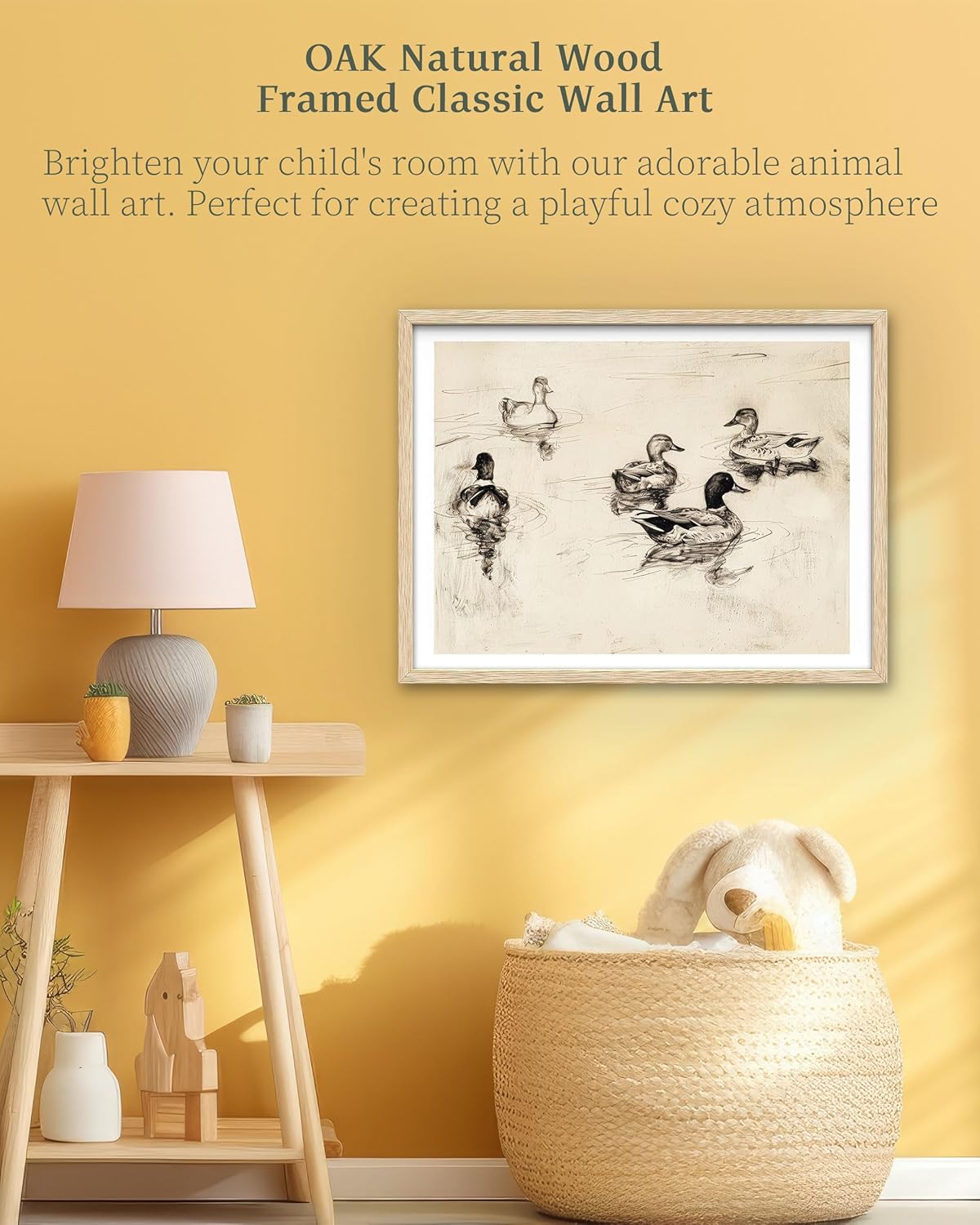 iHery Natural OAK Wood Cute Framed Wall Art, 12x16in Vintage Ducks Sketch Canvas Print, Cottagecore Neutral Beige Frame Logs Antique Art for Kids Room, Living Room Set of 1