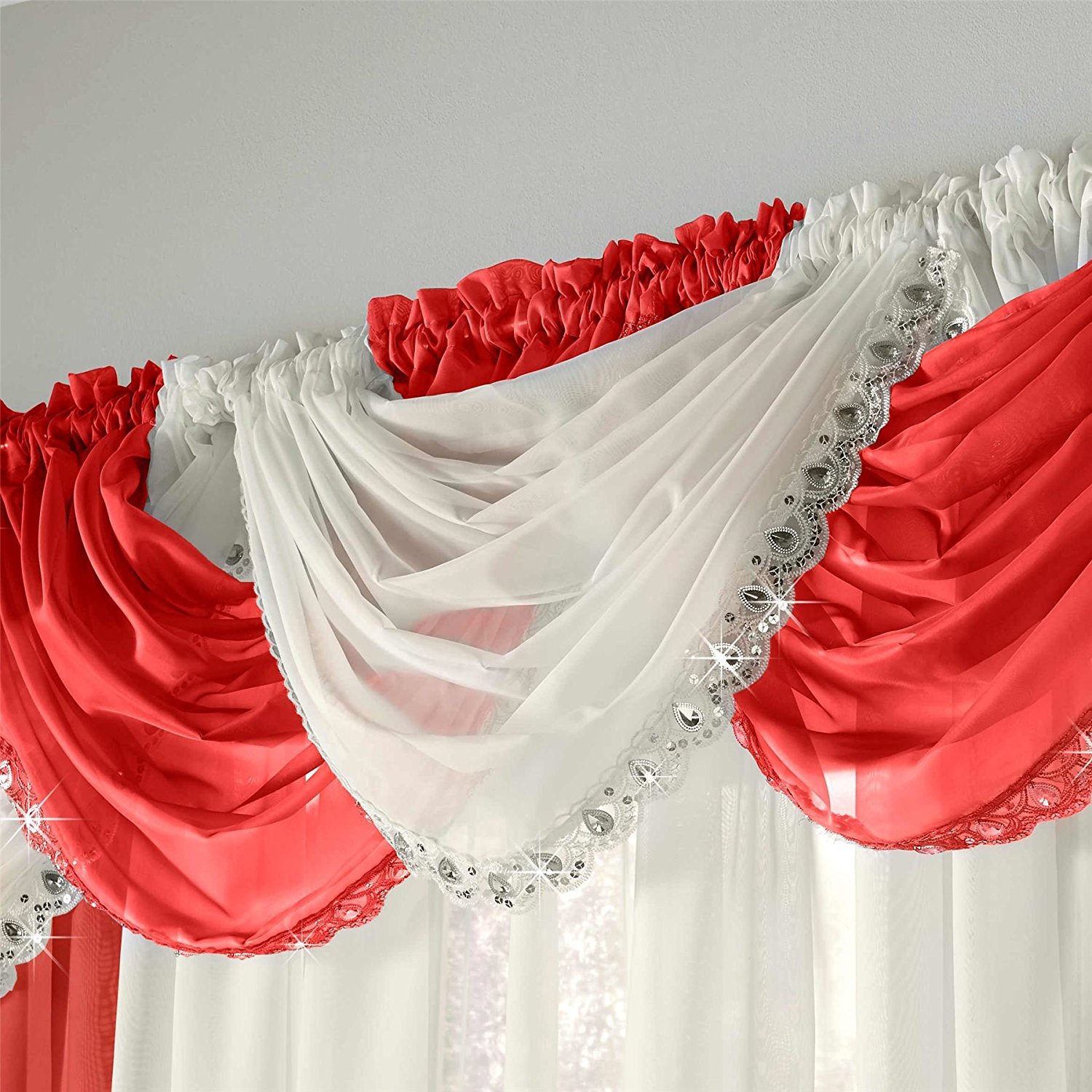 Glitzy Sparkle Jewelled Crystal Sequin Trim Voile Curtain Swag (Butter MilkCream)