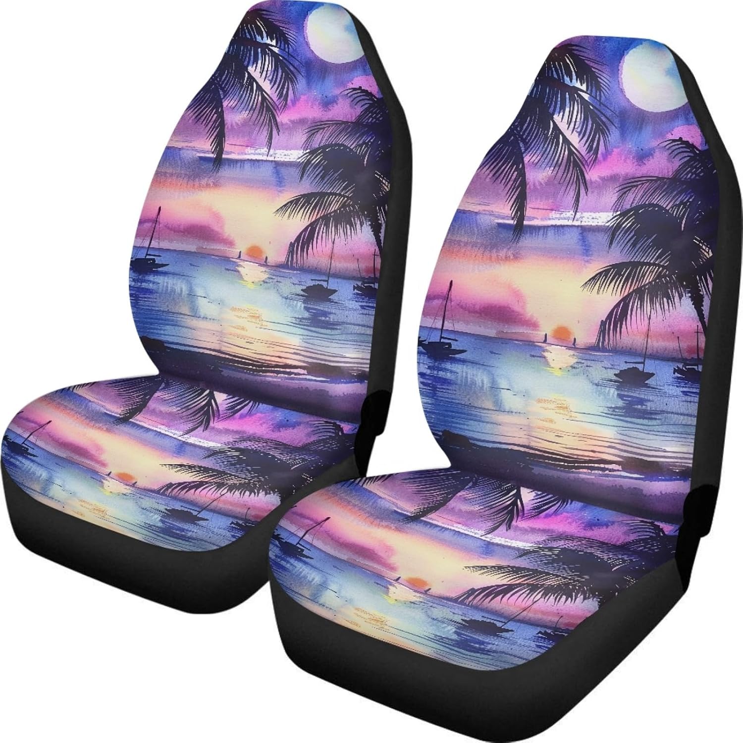 UNICEU Tropical Purple Blue Sunset Beach Palm Trees Car Seat Covers Front Seat Only, 2 Pcs Set, Hawaiian Style Vehicle Bucket Seat Protetors Universal Fit Most Vehicle, Sedan, Truck, Van