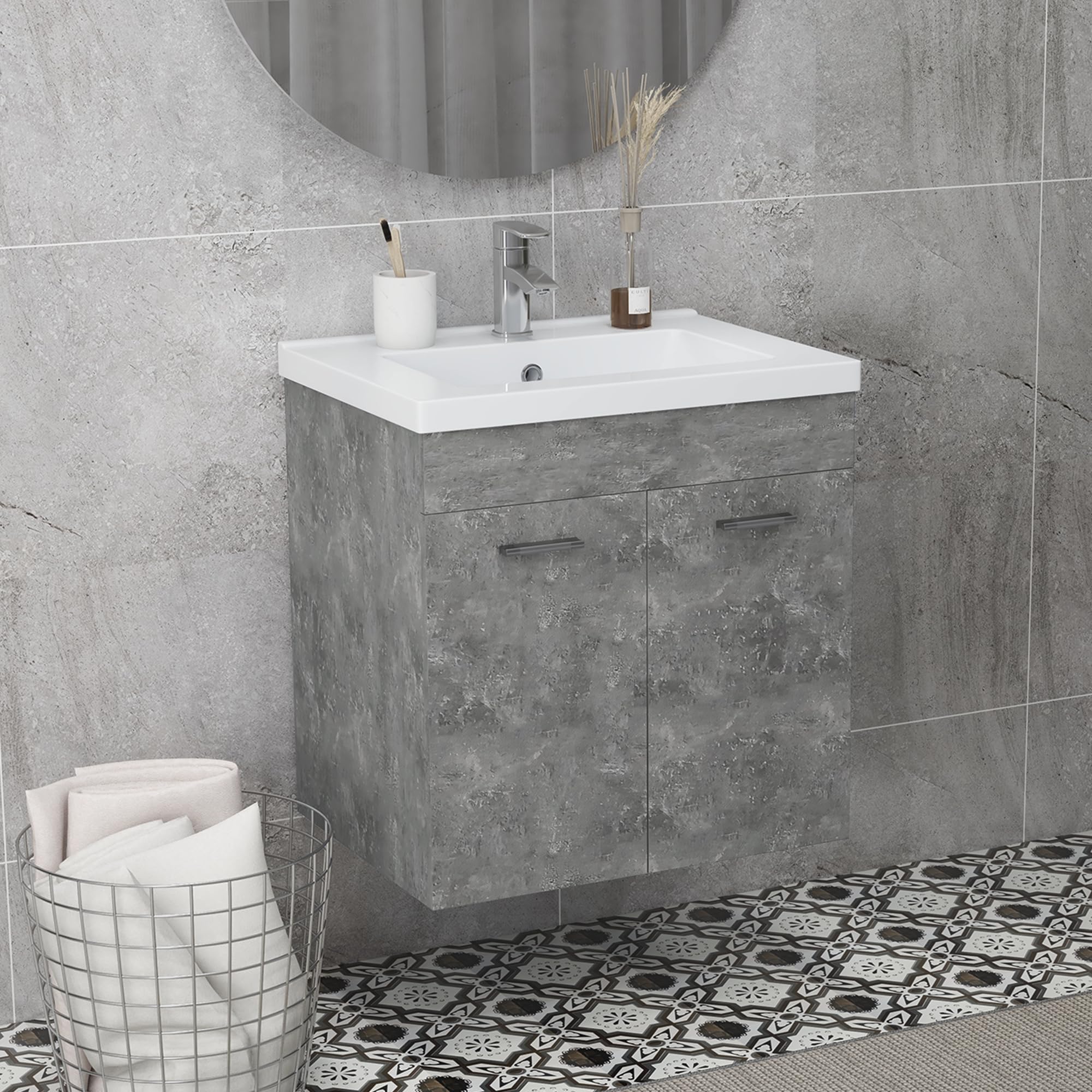 kleankin Mueble de Baño con Lavabo Cerámico de Pared 60x45,5x60 cm Gris | Armario Bajo de Lavabo, 2 Puertas, Estante Ajustable, Acabado Melamina