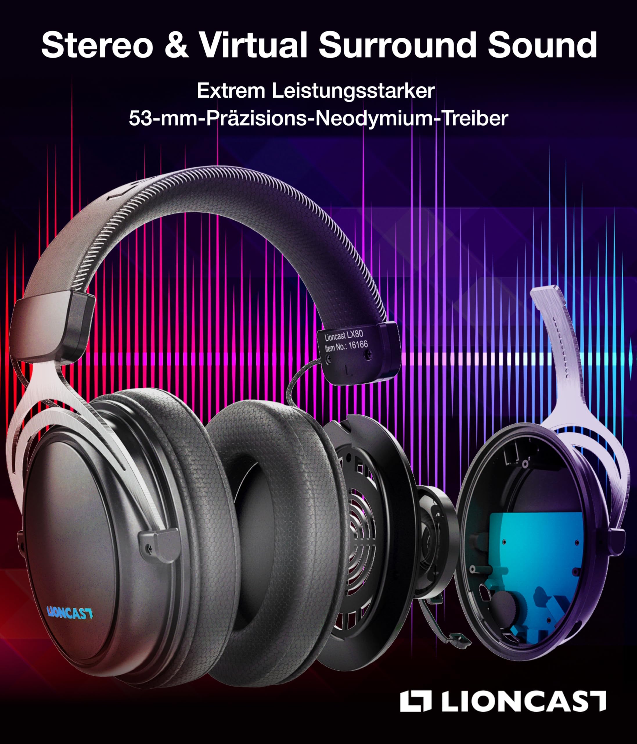 Lioncast LX80 - Cuffie da gioco con microfono wireless [batteria da 40 ore, compatibile con PS5, Nintendo Switch, Switch 2, Xbox - Gaming Headset PC - Cuffie senza fili Bluetooth