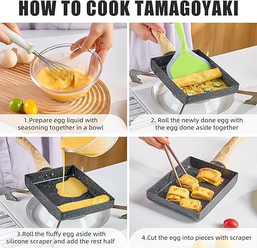 Miniatura 6 de Sartén para tortilla japonesa con tapa, bandeja cuadrada para huevos japoneses, sartén rectangular para tamago con espátula y cepillo de aceite, 7 x