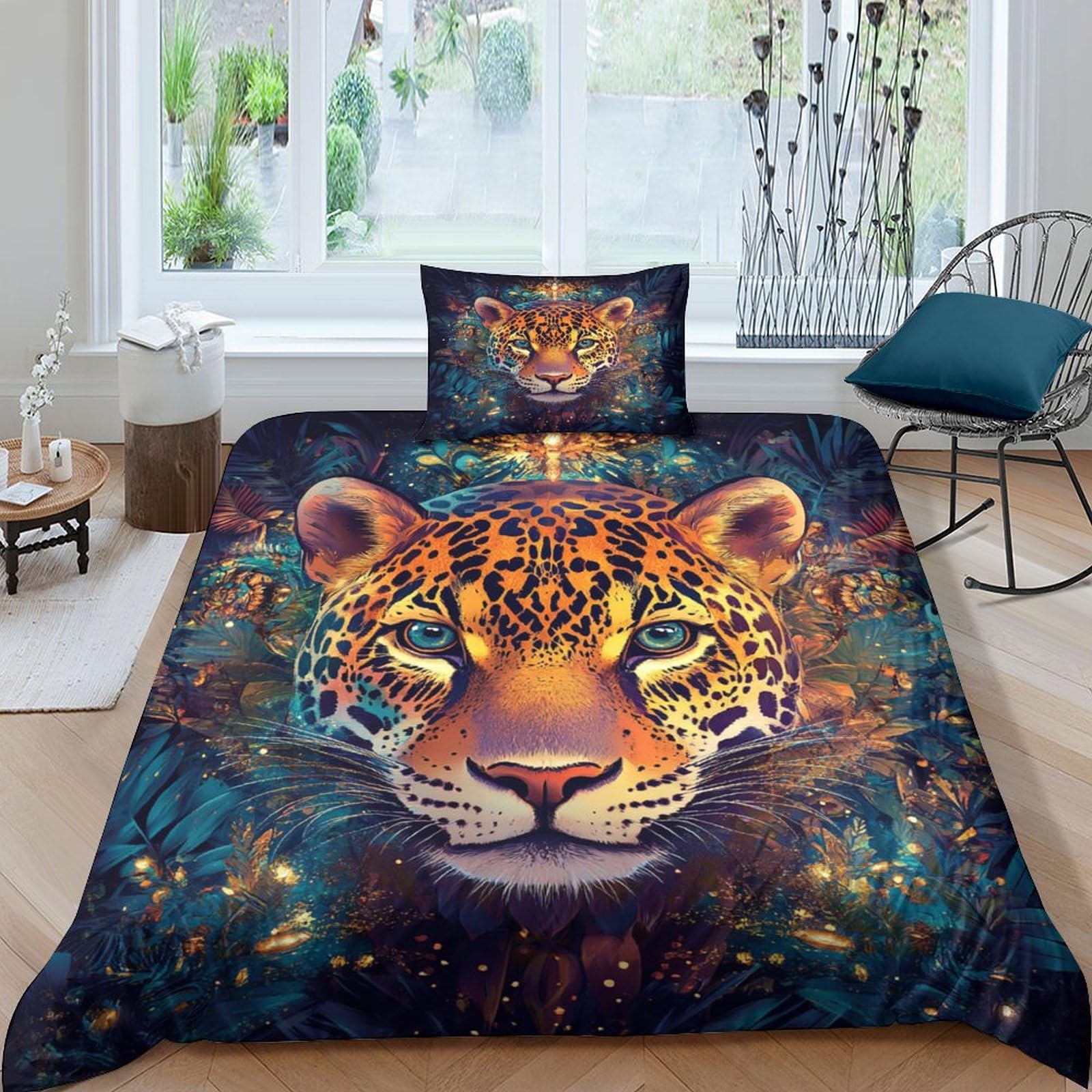 Jaguar Duvet Cover Set - Bedding Bed Set Estilo Boémio Printed Patterned with Pillowcases, Soft Microfiber Quilt Covers for Kids Boys Girls Adult Single（135x200cm）