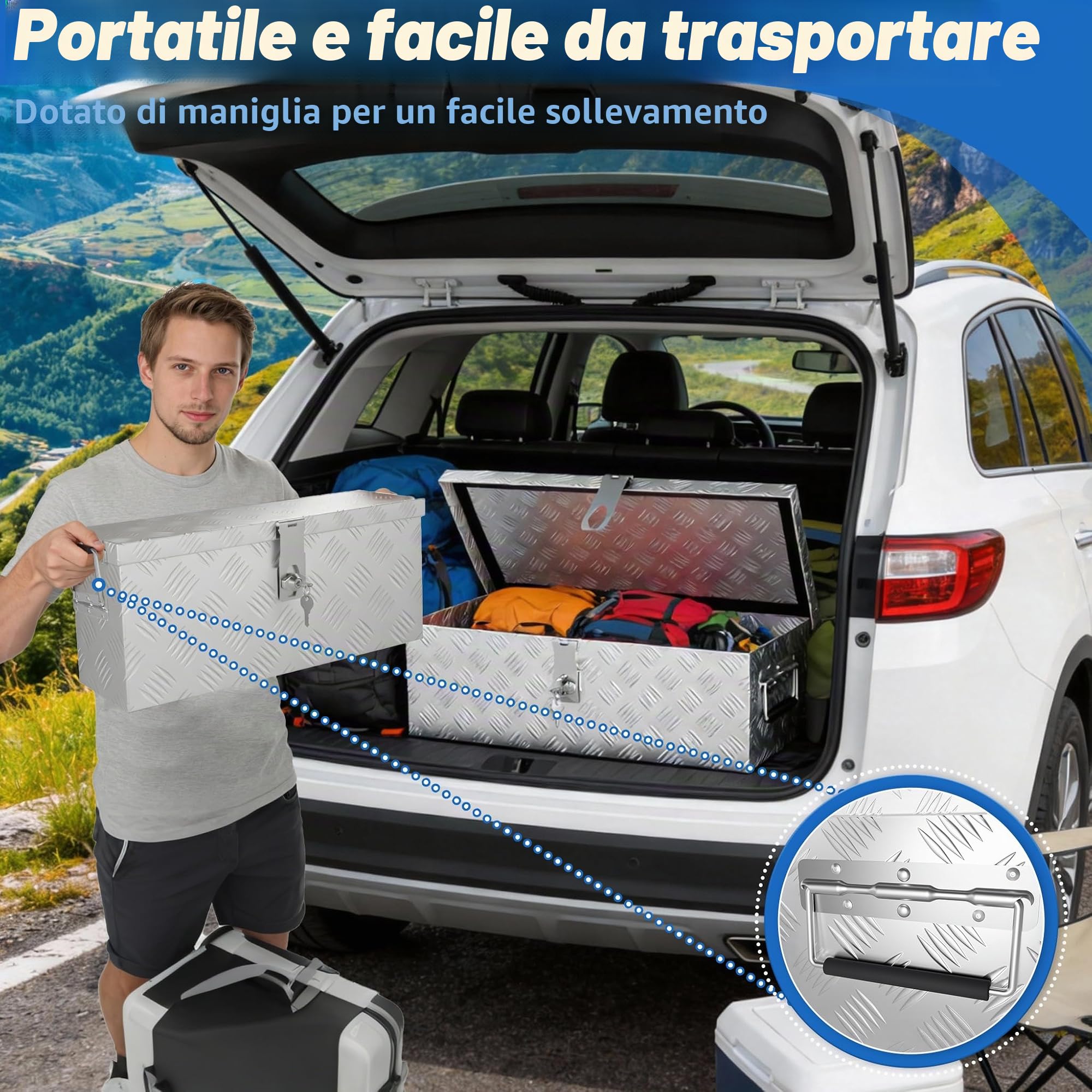 UISEBRT Cassetta degli attrezzi in alluminio con serratura, scatola in alluminio, 520 x 160 x 220 mm, robusta scatola in alluminio per attrezzi, scatola del rimorchio, scatola impermeabile con 2