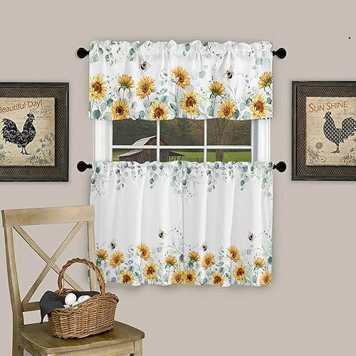 Miniatura 3 de Juego de cenefas y niveles de cortina de cocina con diseño floral, cortinas opacas aisladas con 2 niveles para cocina, baño, girasoles, abejas,
