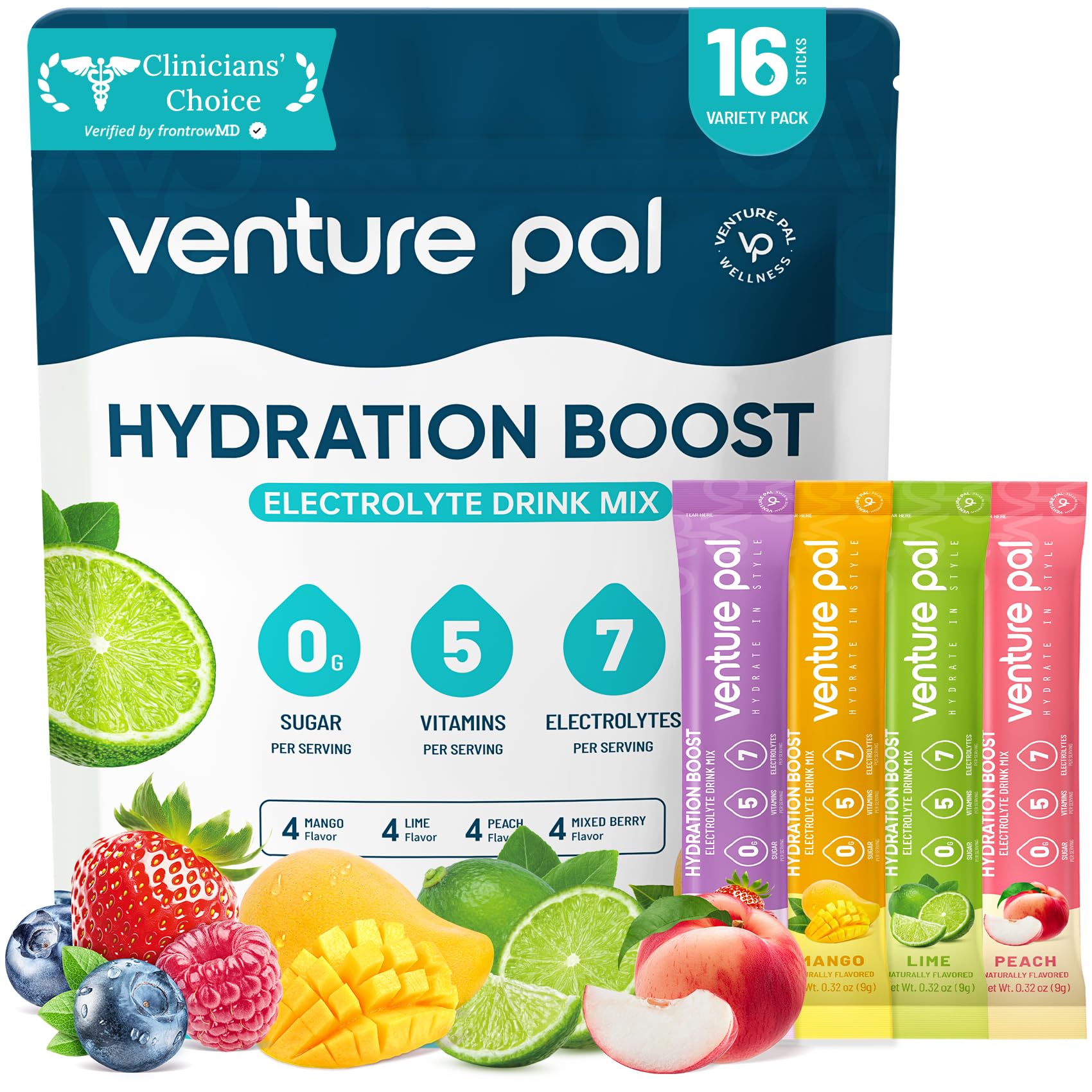 Sugar Free Electrolyte Powder Packets - Liquid Daily IV Hydration Packets | Electrolytes Drink Mix with 5 Vitamins & 7 Electrolytes | Keto Friendly | Non-GMO | Certified Vegan | 16 Sticks