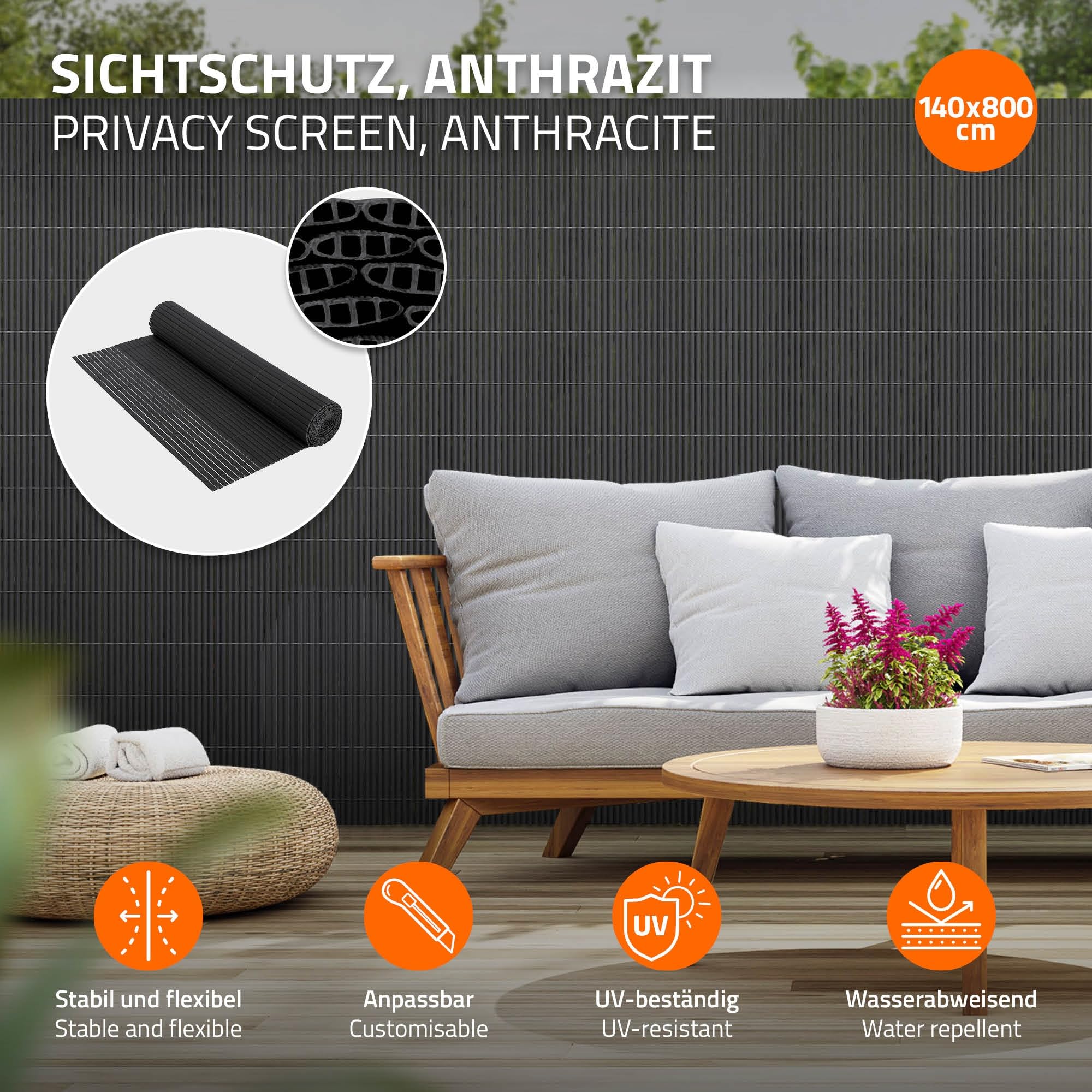 ECD Germany Cañizo de PVC 140 x 800 cm (2X 4m) Antracita Valla de Proteccion de 3 Pesos de Refuerzo Cortavientos Decorativo Resistente a los Rayos UV para Jardín Pantalla Impermeable de Privacidad