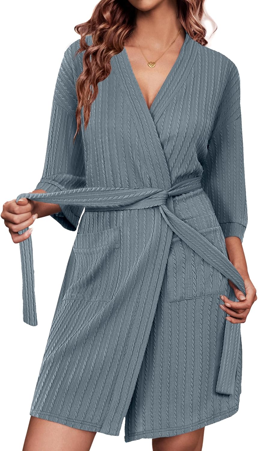 Ekouaer Waffle Robes for Women Bathrobe Lightweight Knee Length 3/4 Sleeve Knit Bath Robes Female Loungewear with Pockets