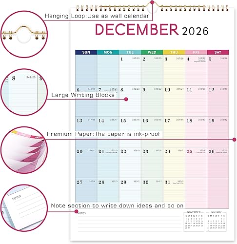 Miniatura 5 de Calendario 2026 – Calendario de pared 2026, enero de 2026 a diciembre de 2026, 12 x 17 pulgadas, calendario de pared de 12 meses 2026, gancho para