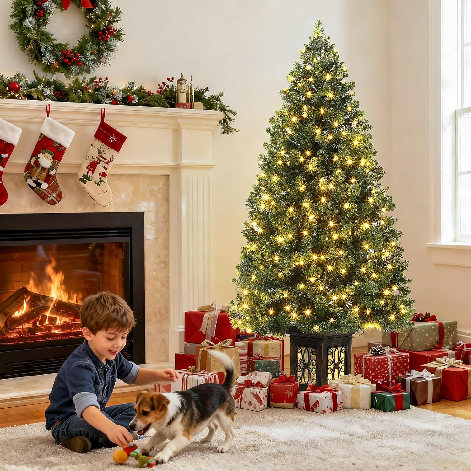 Garvee Pre-lit Artificial Christmas Tree with Warm White Lights, Green Full Christmas Tree 4.5 ft with 8 Light-Modes, Pre Lighted Xmas Tree W/460 Branch Tips, 300 Light & Antique Urn Base,1 PCS