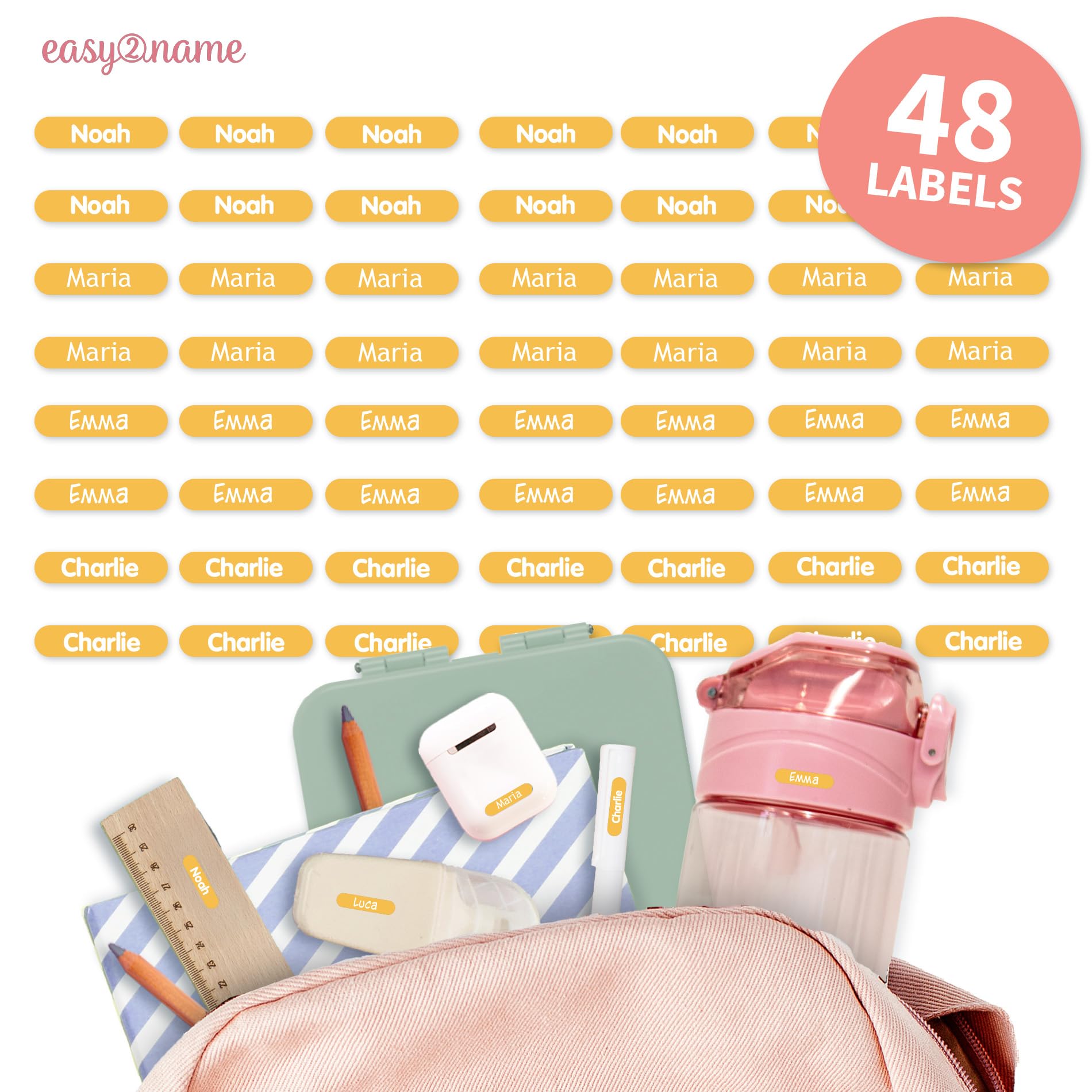 Easy2Name - Personalised mini XS Name Labels - Waterproof Name Stickers for Children and Adults - Ideal as Name Stickers in The Office, Workshop or School - 20x4mm - Coloured (Yellow, 48)