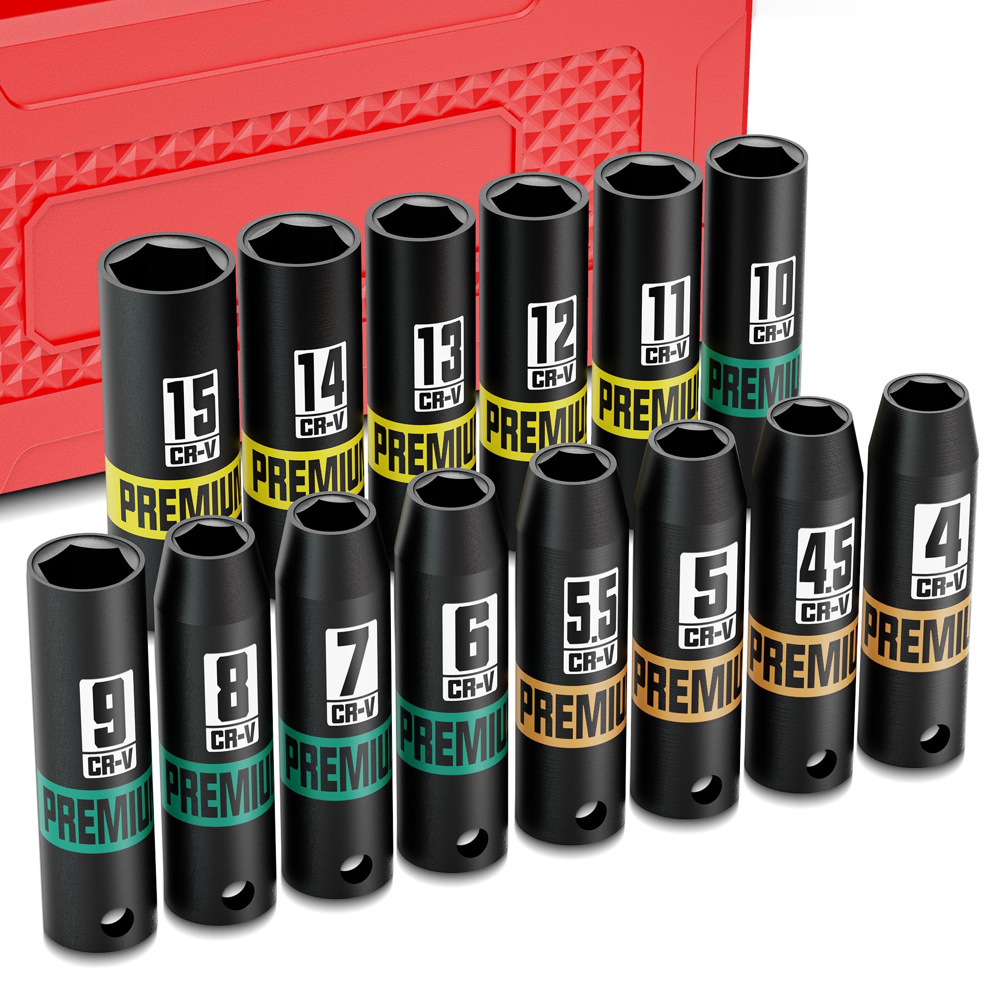 Aurlloct 1/4" Drive Impact Socket Set,14Pcs Deep Sockets, 4-15 mm Hex Long Socket Set, for Home Repair Bicycle Maintenance
