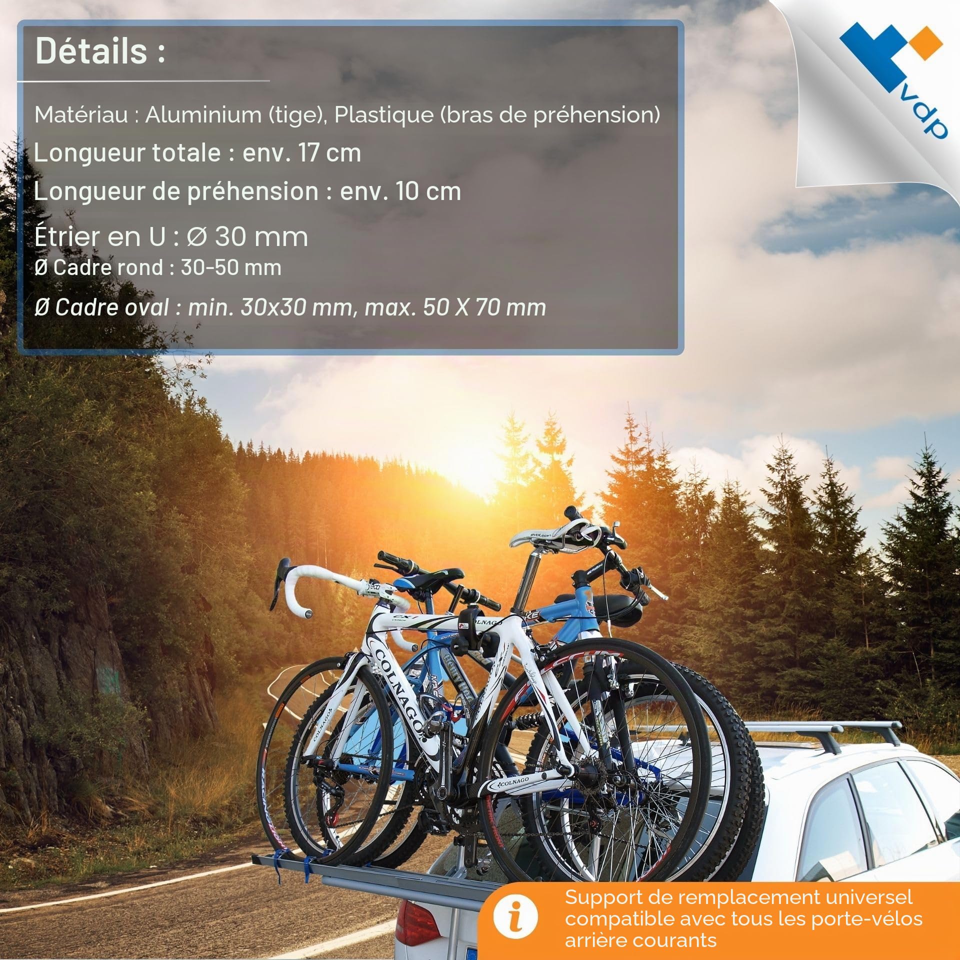 MENABO Support de Cadre Universel pour Porte-vélos - Court 17 cm - Support de Rechange pour Porte-vélo - Support de Cadre de vélo pour diamètre de Cadre de 3 à 7 cm - pour Tube en U de 3 cm de