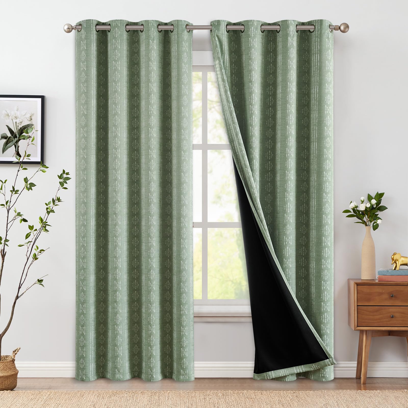 Photo 1 of jinchan 95% Blackout Boho Curtains 84 Inches Long for Bedroom White on Sage Green Geometric Printed Grommet Top Room Darkening Thermal Insulated Window Drapes 2 Panels