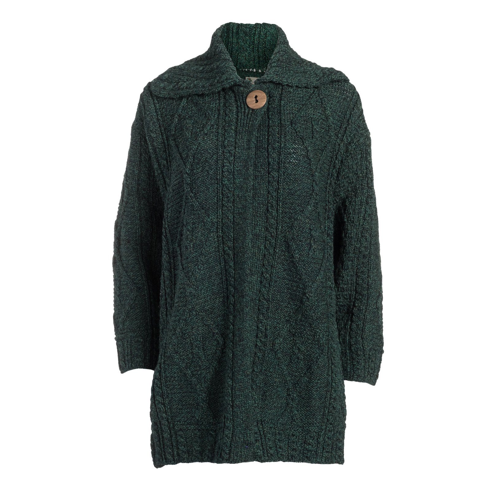 Boyne Valley Knitwear 100% Merino Wool Ladies Single Button Aran Cardigan Coat