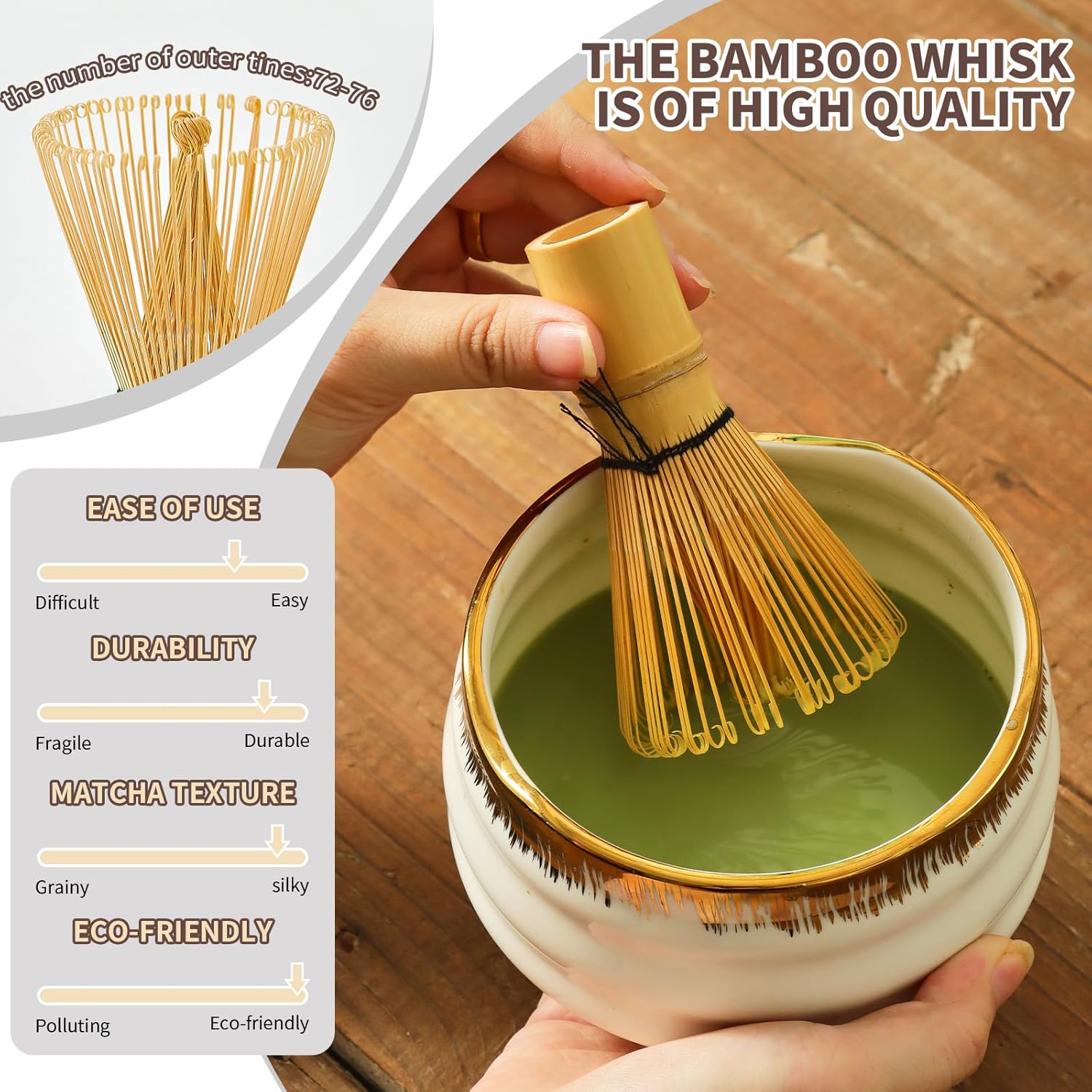 Matcha Whisk Set: Includes Bamboo Whisk, Matcha Bowl, Cute Stand, Bamboo Scoop, Scoop Rest, Sifter and Tea Towel — 7-Piece Matcha Kit with Golden Texture Details, a Favorite for Matcha Lovers (White) - Image 2