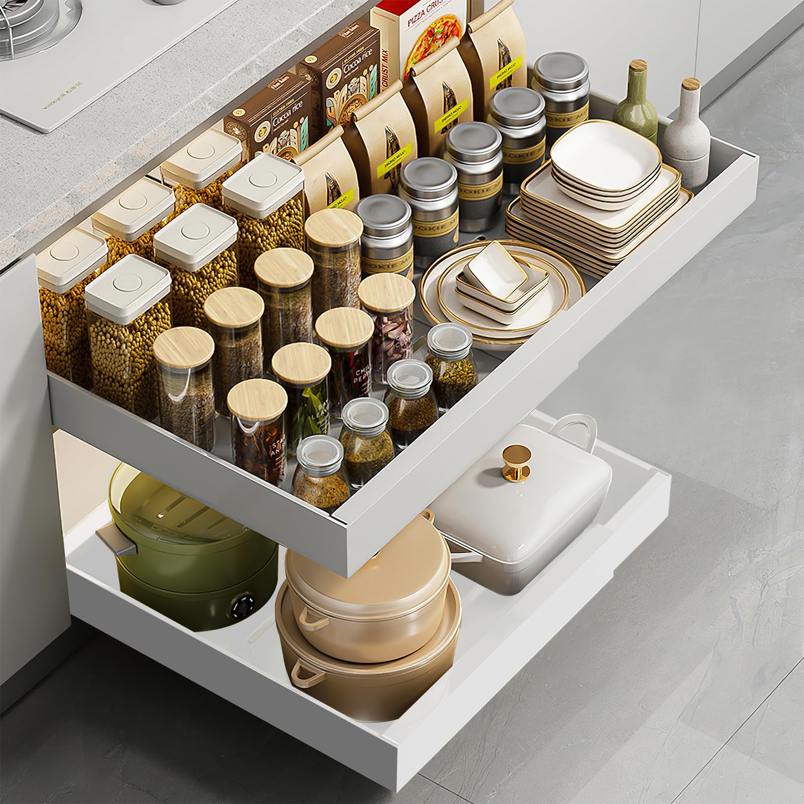 Woobroo Pull Out Cabinet Organiser, Slide Out Kitchen Cupboard Organiser with Adjustable Width 32 to 52 cm, Pull Out Kitchen Storage for Pantry and Bathroom, White