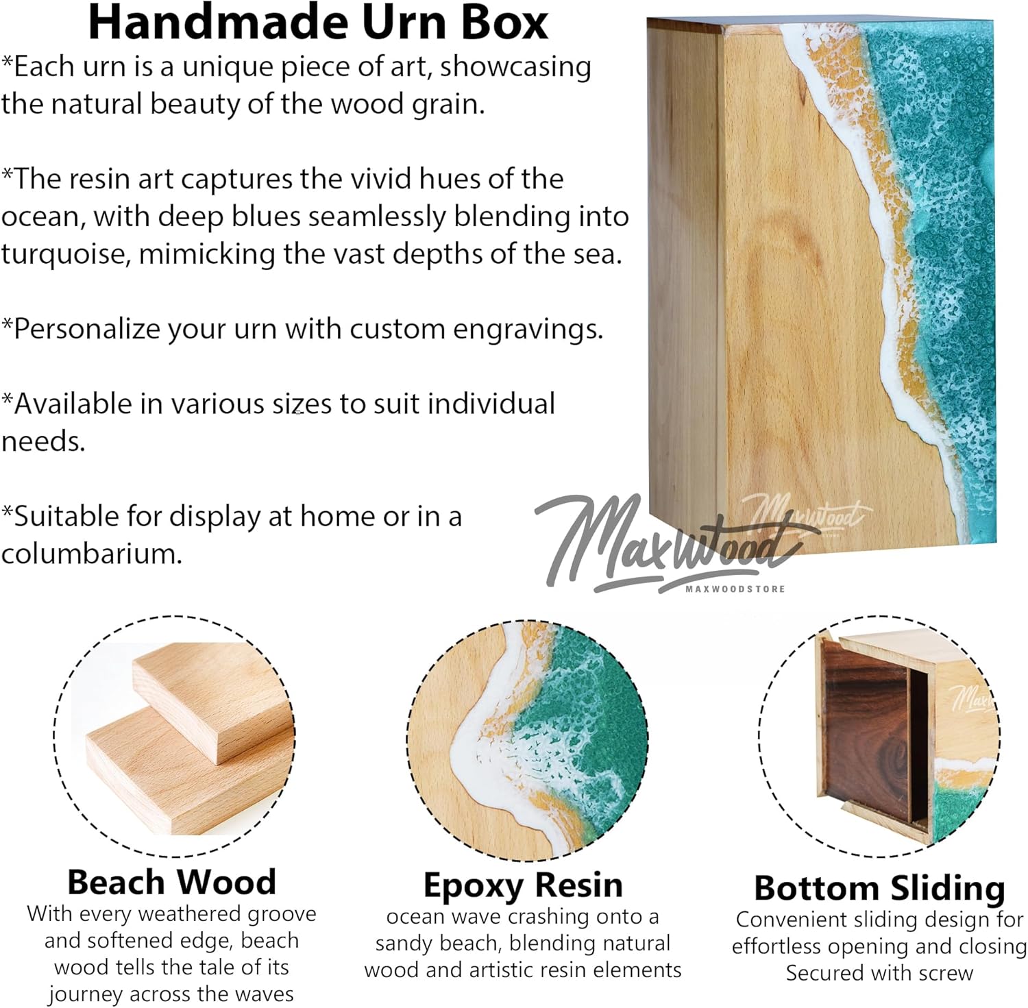 Beach Wood Urn Box with Resin Ocean Wave Design – Handmade Memorial Box for Ashes – Unique Wooden Cremation Urn with Coastal Theme (L (11"X6"X6") 250 Cubic Inches)