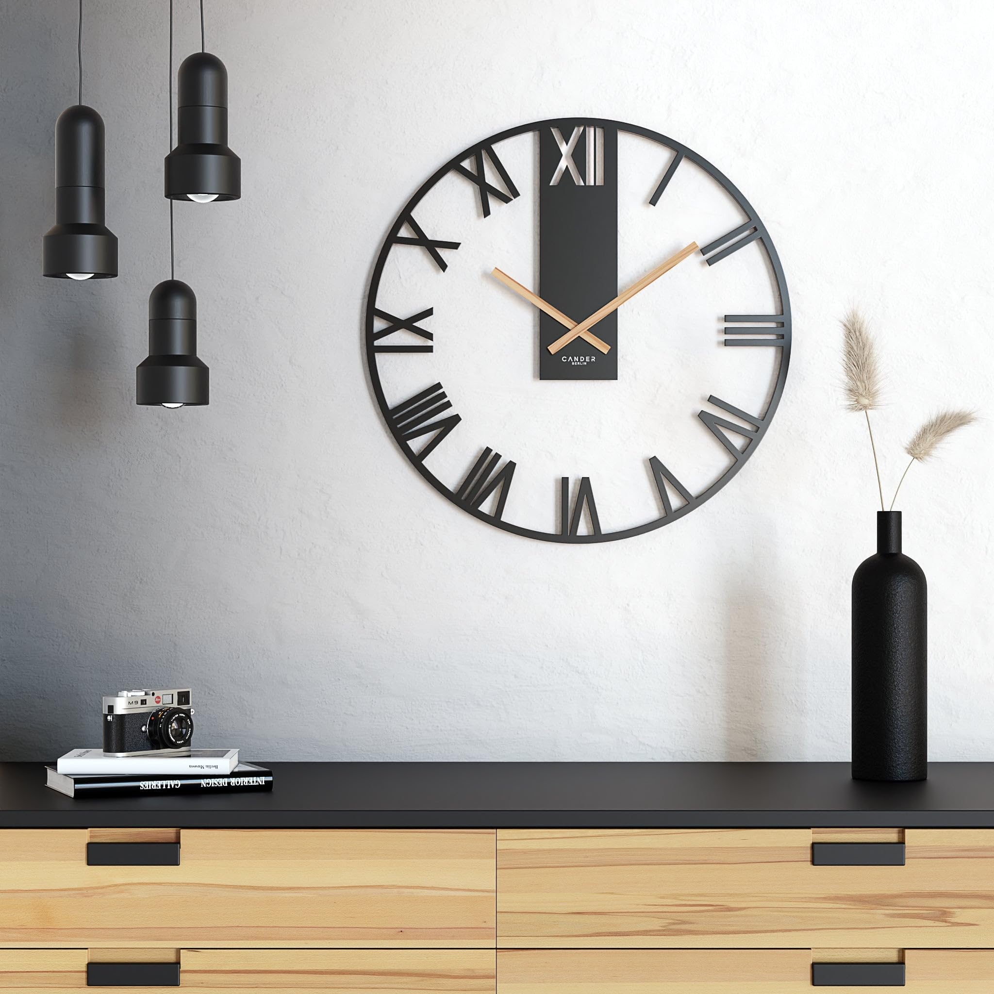 Cander Berlin NIKANOR XXL Vintage-Wanduhr lautlos 60 cm Metall Holzzeiger ohne Tickgeräusche groß modern schwarz Wohnzimmer Küche