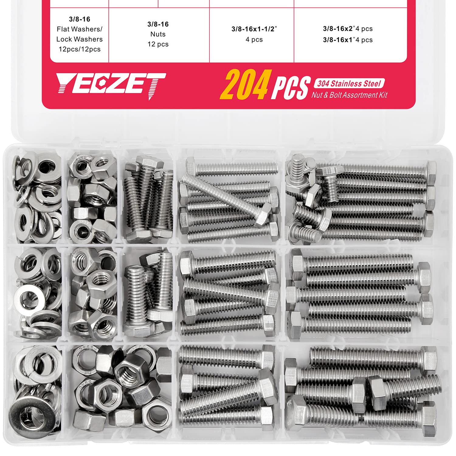204PCS 1/4’’ 5/16’’ 3/8’’ Heavy Duty Hex Bolts and Nuts Assortment Kit 304 Stainless Steel