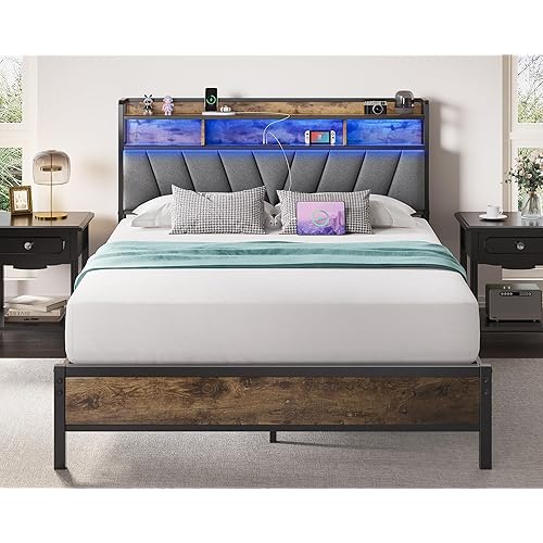 Queen Bed Frames with Headboard, LED Lights Queen Size Bed Frame with Charging Station, 2-Tier Storage Shelves, Heavy Duty Metal Slats, Noise Free, No Box Spring Needed, Easy Assembly, Brown