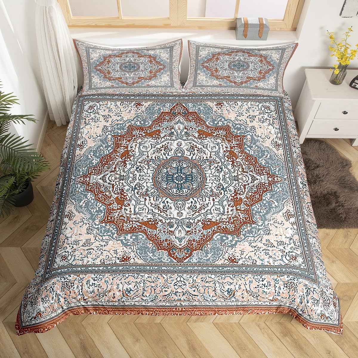 Erosebridal Boho Bedding Set Twin, Red Blue Mandala Duvet Cover for Men Women, Retro Gray Floral Exotic Bohemian Tribal Comforter Cover, Vintage Antique Damask Quilt Cover