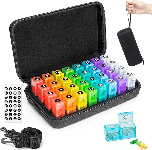 Monthly Pill Organizer 2 Times a Day with Weekly Pill Bag, 30 Day Pill Box Organizer with 32 Daily Compartments, One Month Pill Box Holder with Hard Travel Case 31 Days Medication Management