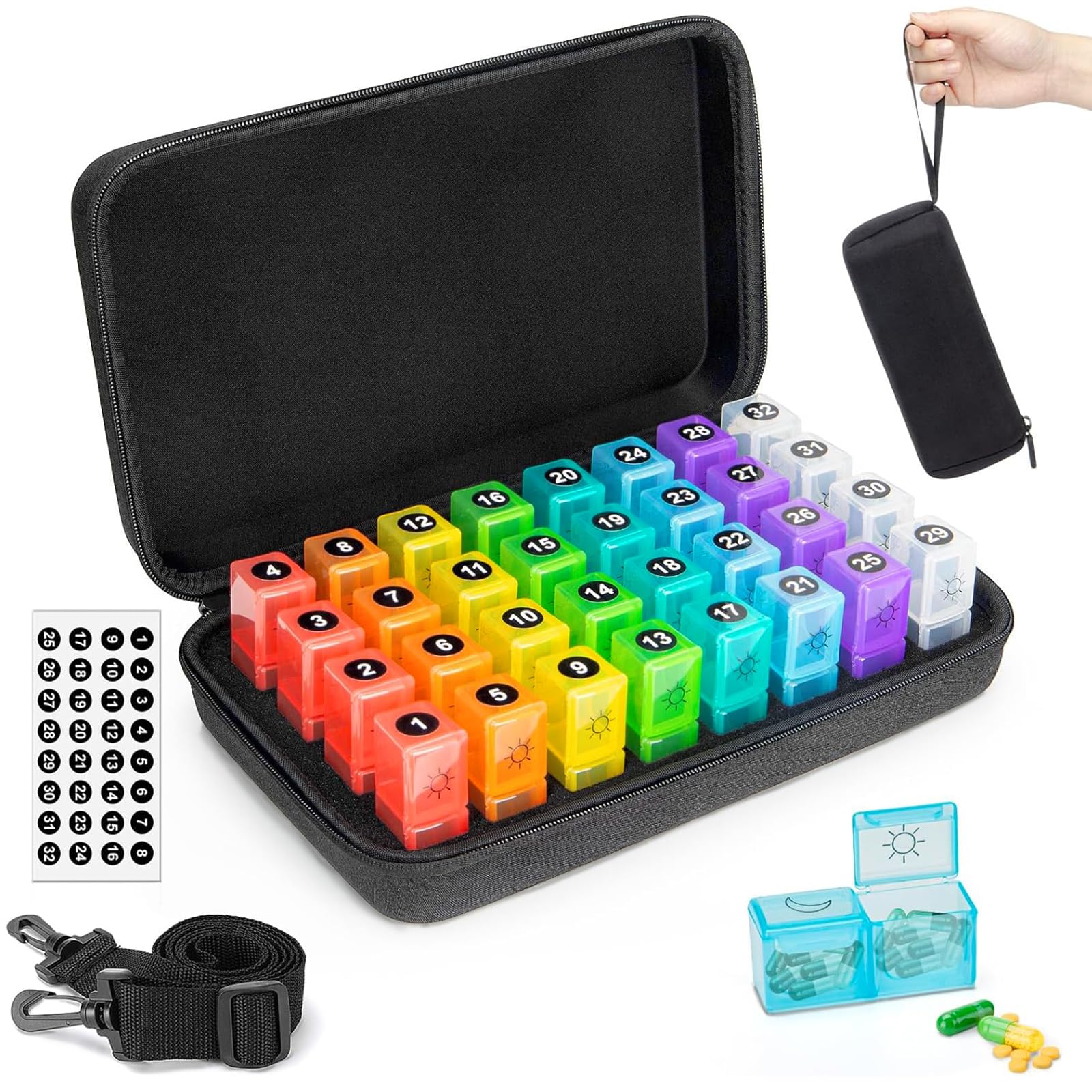 NIFUYOP Monthly Pill Organizer 2 Times a Day with Weekly Pill Bag, 30 Day Pill Box Organizer with 32 Daily Compartments, One Month Pill Box Holder with Hard Travel Case 31 Days Medication Management
