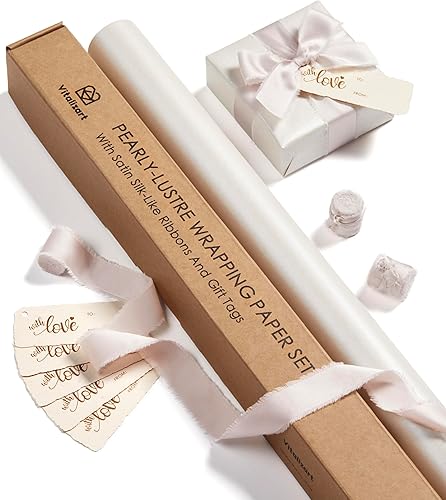 Vitalizart Juego de papel de regalo blanco de 30 pulgadas con cinta de satén de seda y etiquetas de regalo, reciclables, ecológicos, envoltura de