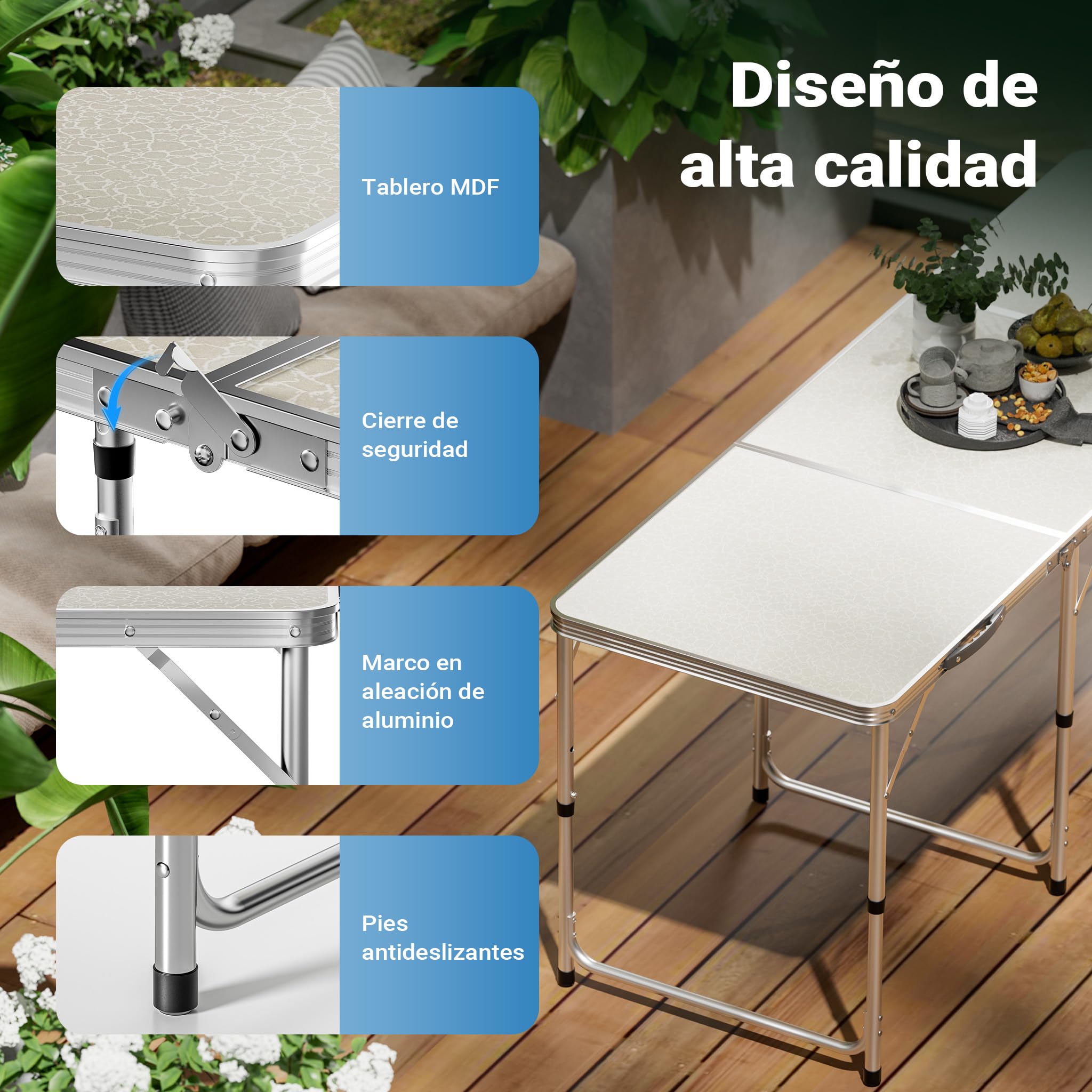 Mesa de Camping Plegable 180x60x70cm Ajustable en Altura 55/62/70cm portátil Multifuncional