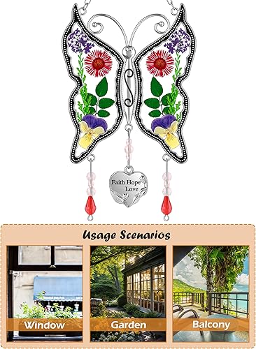 Miniatura 9 de KY&BOSAM - Adorno consistente en cristales atrapaluz con forma de mamá mariposa, carillón de viento con forma de mariposa con alas con flores