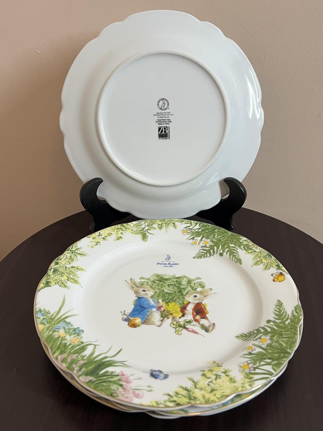 Peter & Benjamin Rabbit Garden Story Porcelain Dinner Plates, Easter Theme, Set of 4, 10.5 Inches Diameter, Gold Scalloped Edge