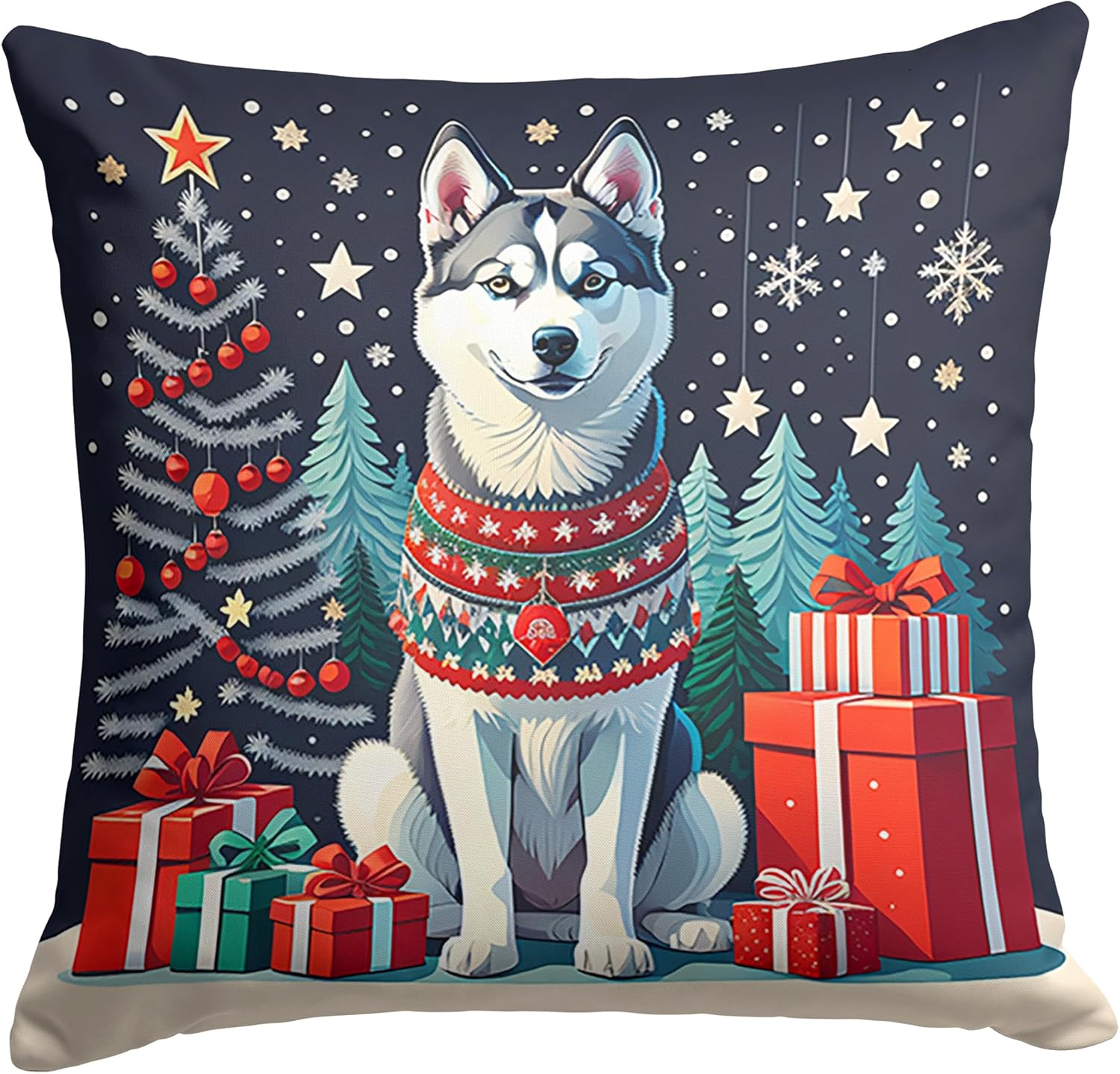 Caroline's Treasures DAC1158PW1414 Siberian Husky Christmas Fabric Decorative Pillow Machine Washable, Indoor Outdoor Decorative Pillow for Couch, Bed or Patio, 14Hx14W