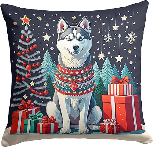 Caroline's Treasures DAC1158PW1414 - Almohada decorativa de tela navideña de Husky siberiano, lavable a máquina, almohada decorativa para interiores