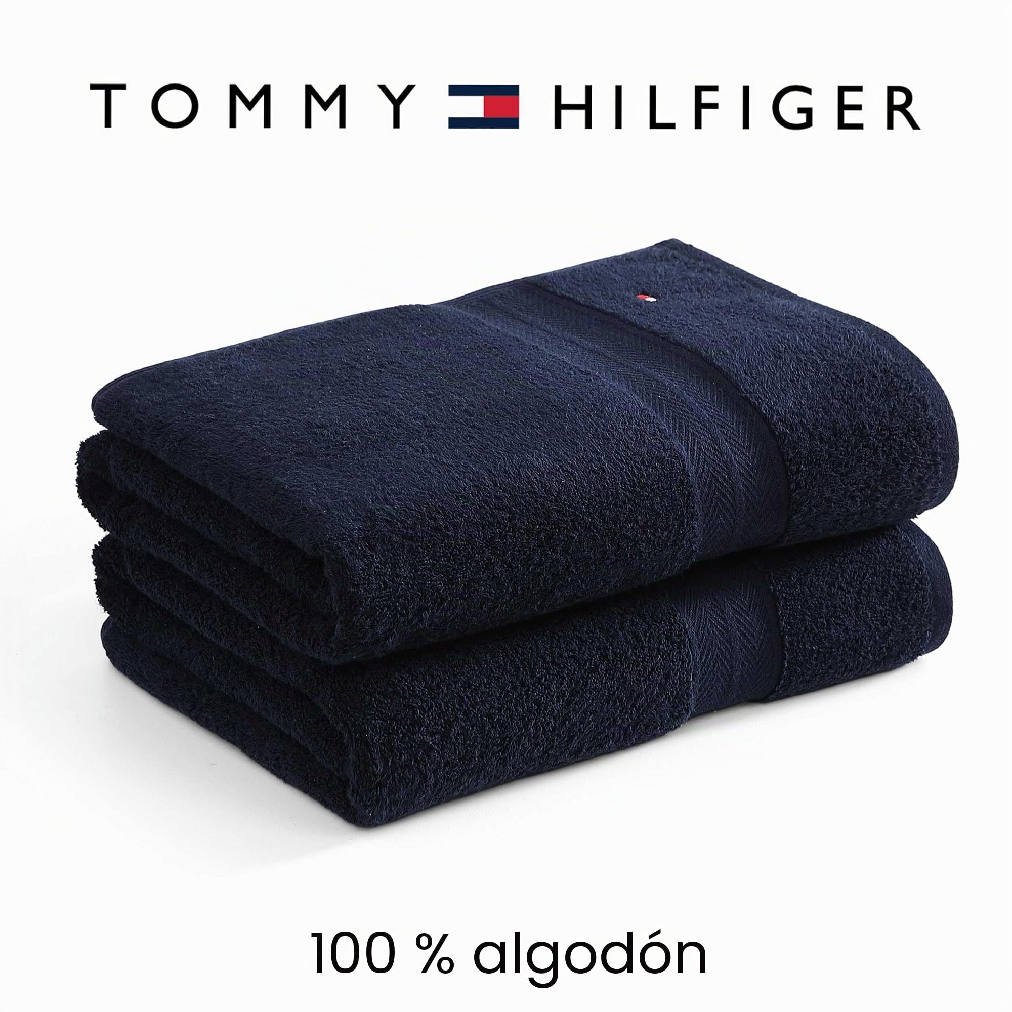 Tommy Hilfiger - Juego de Toallas de baño, Rizo de algodón Absorbente con Cero torsión, Peso Medio, Certificado Oeko-Tex (Azul Oscuro Moderno, 2 Piezas)